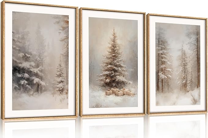 Winter Snowy Forest Landscape Framed Canvas Wall Art Set,Modern Woodland Frosty Scenery Wall Decor,Nature Snow Covered Pine Tree Botanical Artwork for Living Room, Bedroom,Farmhouse- 16"x24"x3