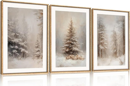 Winter Snowy Forest Landscape Framed Canvas Wall Art Set,Modern Woodland Frosty Scenery Wall Decor,Nature Snow Covered Pine Tree Botanical Artwork for Living Room, Bedroom,Farmhouse- 16"x24"x3