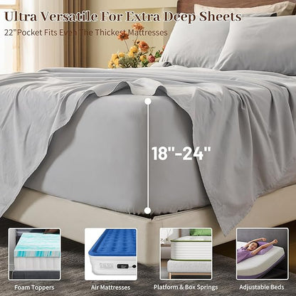 MEISHANG 100% French Pure Linen Sheets California King Size - Extra Deep Pocket Sheet Set, Soft Durable Flax Linen, Anti-Tear Breathable & Oeko-Tex Certified 18-24 Deep Pocket,All Season(Silver Grey)
