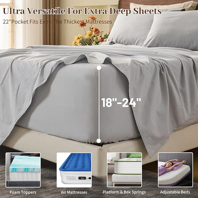 MEISHANG 100% French Pure Linen Sheets King Size - Extra Deep Pocket Sheet Set, Soft Durable Flax Linen, Anti-Tear Breathable & Oeko-Tex Certified 18-24 Deep Pocket,All Season(Silver Grey)