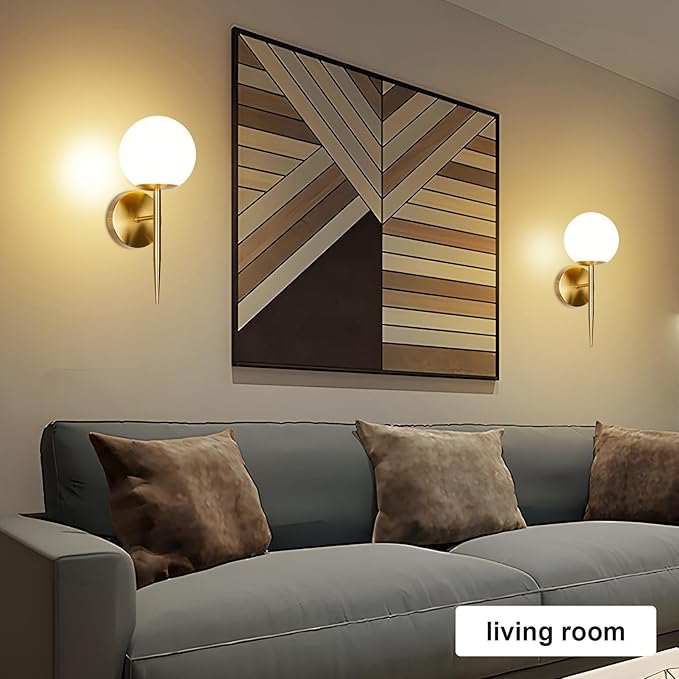 Modern Gold Globe Wall Sconce Decor Set of 2, Industrial Mid Century Bathroom Vanity Wall Light with White Globe Glass Shade Brushed Brass Wall Lamp for Restaurant Living Room Bedside Stairs