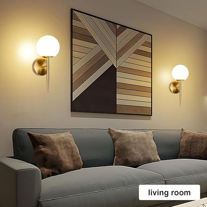 Modern Gold Globe Wall Sconce Decor Set of 2, Industrial Mid Century Bathroom Vanity Wall Light with White Globe Glass Shade Brushed Brass Wall Lamp for Restaurant Living Room Bedside Stairs