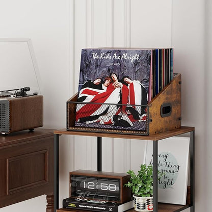 Vinyl Record Storage Holder, Trapezoidal LP Vinyl Record Crate with Handle, Wood & Metal Album Storage Desktop Organizer Box for Books Files, Rustic Brown