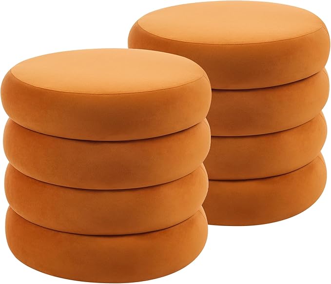 Flouki 20.1" Storage Ottoman Round, Vanity Stools for Bedroom, Entryway Ottoman for Console Table, Ottoman Stool for Girls Women, Foot Stool for Living Room, Set of 2, Velvet Orange