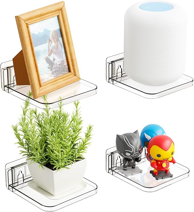 Yieach 5 Inch Mini Shelf for Wall,4 Pack No Drilling Small Adhesive Shelf,Plant Shelves Indoor,Small Acrylic Floating Shelves for Wall and Display Ledges Picture,Funko,Anime Figure,Figurine,Clear