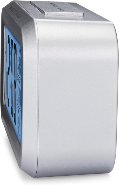 Westclox Alarm Clock with Large Digital Display and Blue Backlight on Demand, Westclox Alarm Clock, Month/Date and Temperature Display with Ascending 5 Minute Snooze Alarm, Silver