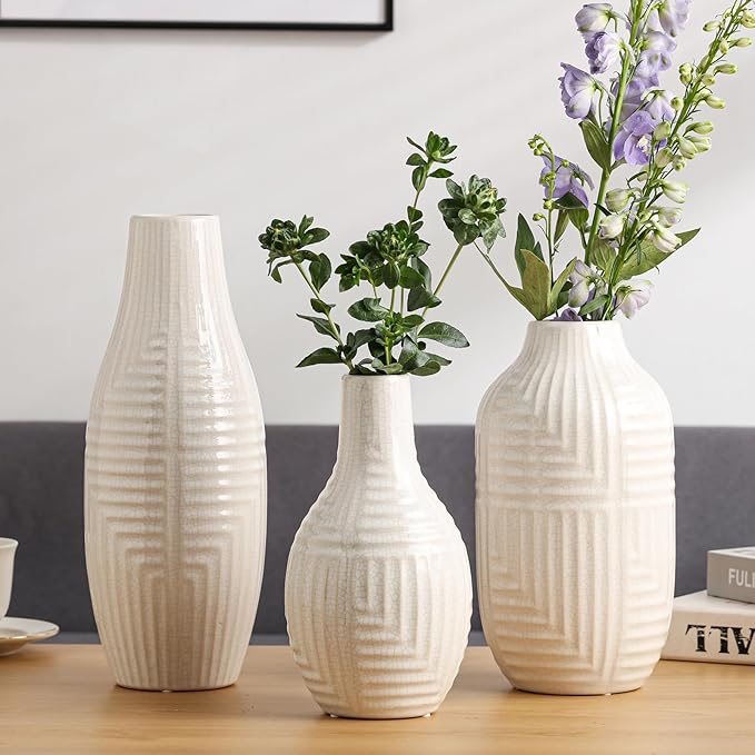 hjn Hand-Glazed White Ceramic Vase - 9.4" H Modern Decorative Centerpiece Vase for Fresh/Dried Flowers, Home Decor for Living Room Bookshelf Mantel | Wedding Housewarming Gift