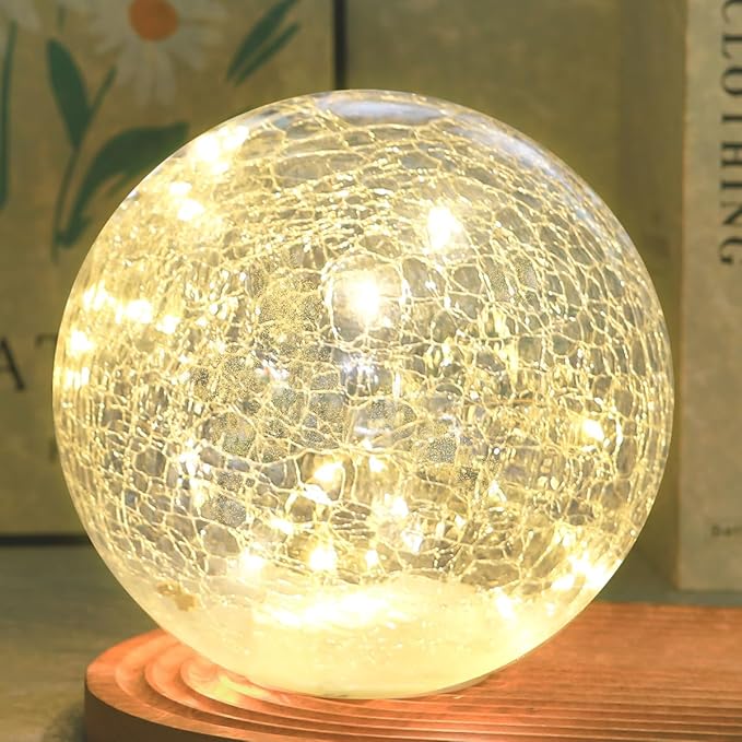 Crackle Glass Globe Lamp with Timer, Battery Operated Lighted Glass Orb for Festival Christmas Decor, Gold Ball Light for Living Room Indoor, Glowing Night Light Ball Lamp, Sphere Table Lamp