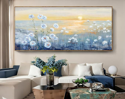 Nicetop Oversized Ocean Sunset Framed Wall Art for Living Room Extra Large Coastal Beach White Flowers Canvas Print Blue Sea Natural Scenery Picture Calm Warm Seaside Artwork for Home Office 86x39inch
