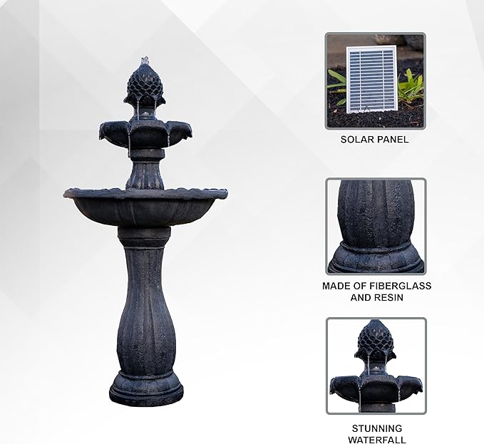 XBrand 44" H Black Fiberglass/Resin 2-Tier Solar Water Fountain with Auto-Shut Off Pump, Tall Outdoor Fountain, Two Tiered Birdbath