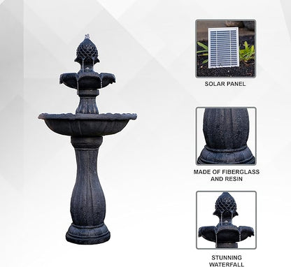 XBrand 44" H Black Fiberglass/Resin 2-Tier Solar Water Fountain with Auto-Shut Off Pump, Tall Outdoor Fountain, Two Tiered Birdbath