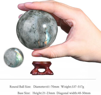 SUNYIK Natural Labradorite Ball Sphere with Resin Stand Polished Crystal Sphere Stone Figurine Decor for Home Office Tabletop, 2.4-2.7”(61-70mm)