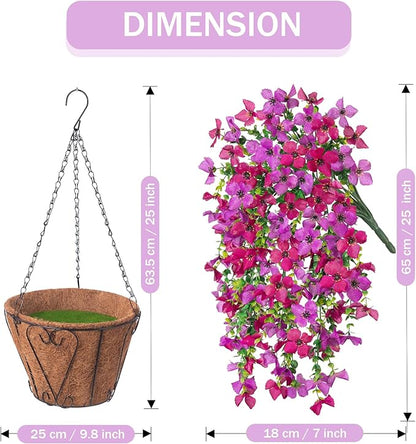 Artificial Hanging Flowers Plants with Basket for Outdoors, Realistic Faux Silk Daisy Flower Eucalyptus for Spring Decor, UV Resistant Fake Plants for Porch Patio Yard Balcony, Purple Violet
