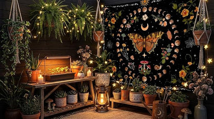 Aipon Orange Butterfly Moon Flower Tapestry Botanical Floral Plant Boho Tapestry for Bedroom Aesthetic Vintage Tapestries Wall Hanging for Living Room Dorm (60.00'' × 80.00'', Orange)