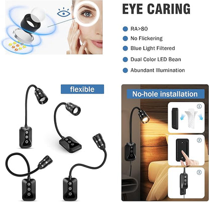 1 Pack Wall Mounted Headboard Reading Light, LED Dimmable Touch Control, Adjustable Neck, Ideal for Bedside, Office, or Reading（White）