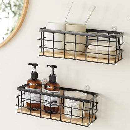 2-Pack Small Wire Baskets, Metal Wire Storage Baskets, Rustic Storage Bin Wood Base Containers Farmhouse Rectangle Organizer Tray for Home Kitchen Bathroom