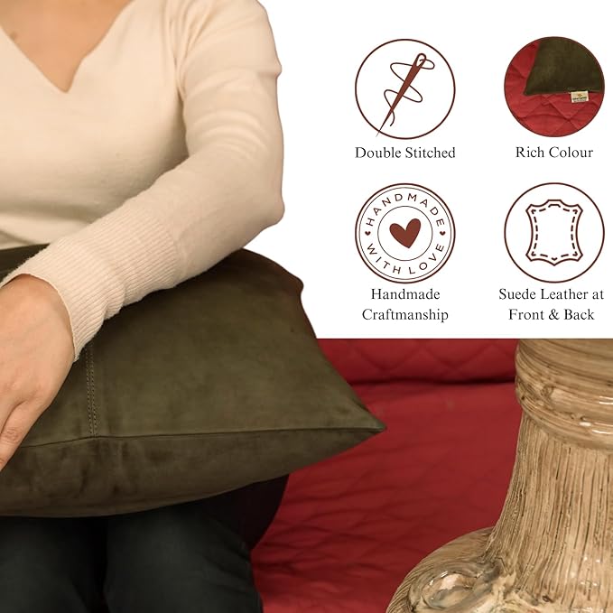 Genuine Suede Leather Pillow Cover, 22x22 Inch Case for Lumbar Throw Couch Pillows, Thick & Soft Cushion Covers for Sofa Bed Home Decor (Suede Deep Forest Green Plain Pack of 2)