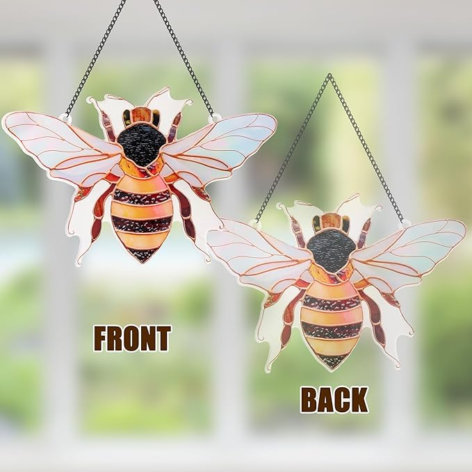 Bee Window Hangings Decor - Acrylic Sun Catcher Ornaments with Hook & Chain,Art SunCatcher Pendant for Gifts Indoor Outdoor Home Wall Living Room Spring Summer Decoration (Single Bee)