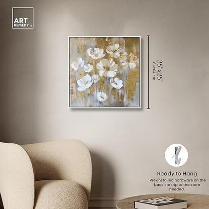 Art Remedy Golden Daisies Canvas Elegant White Gold Wall Art, White Frame, 24" x 24"
