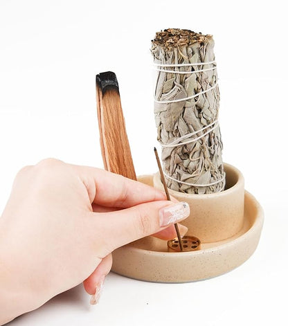 4 in 1 Incense Holder, Ceramic Incense Stick and Palo Santo Holder,Sage Holder for Burning- 4.25" Ceramic Ash Catcher Tray for Meditation and Yoga Room (Sand)