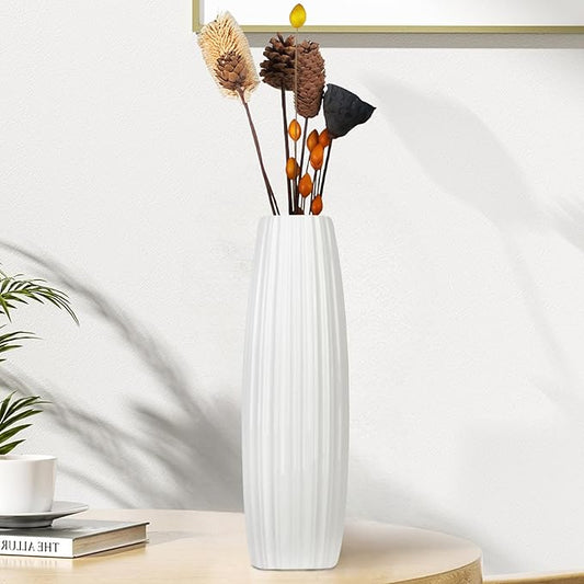 12Inch Tall White Ceramic Vase for Home Decor, Modern Textured Vase for Living Room, Table Centerpiece, Farmhouse Style