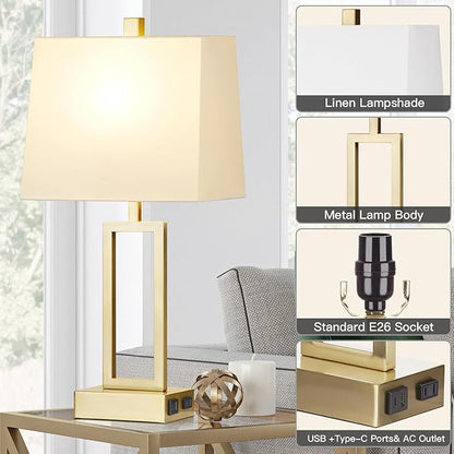 23.5" Touch Control Table Lamps, Metal Bedside Lamp for Bedroom Set of 2 with USB A+C Ports & AC Outlet, 3-Way Dimmable Nightstand Lamp for Living Room (LED Bulb Included)