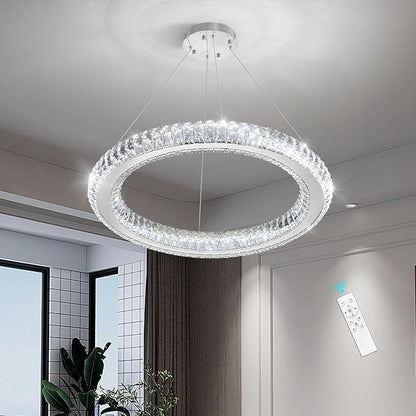 LED Chandelier Modern Dimmable Dining Room Chanderliers Entryway Crystal Ring Pendant Lights for Kitchen Bedroom Living Room Silver Light