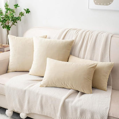 HWY 50 Cream White Velvet Throw Pillow Covers 18x18 Inch, Pack of 2 Soft Cozy Solid Decorative Luxury Cushion Cases for Couch Sofa Bed Living Room Bedroom