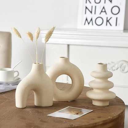 White Ceramic Vase Set of 3, Small Flower Vases for Pampas Grass, Modern Boho Vase for Decor, Round White Vases Centerpieces for Wedding Living Room Bedroom Coffee Table Dinner Table