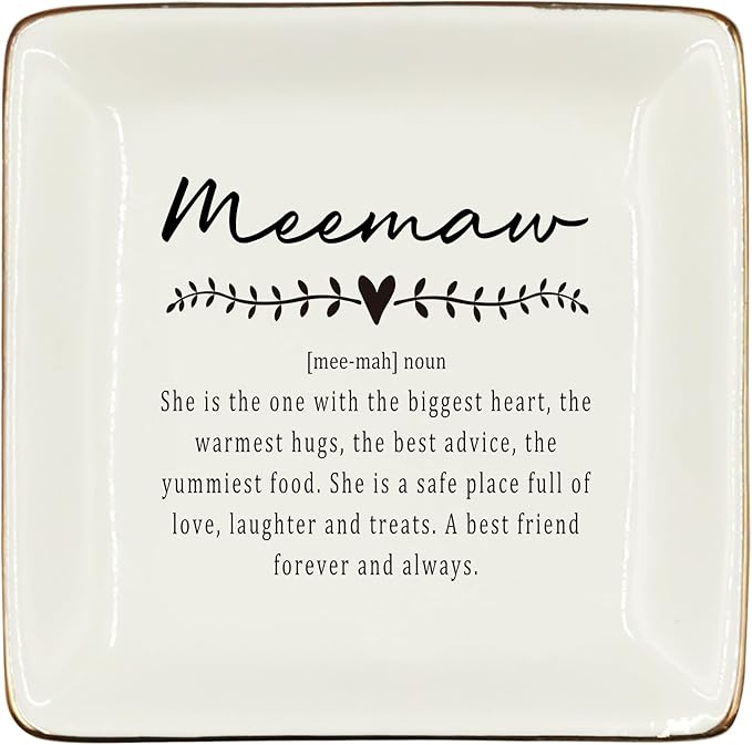 WODMIS Meemaw Gifts Ceramic Jewelry Tray Dish, Grandma Birthday Gift Jewelry Plate Dish, Meemaw Ring Trinket Dish, Grandma Granny Christmas Gifts for Women 514