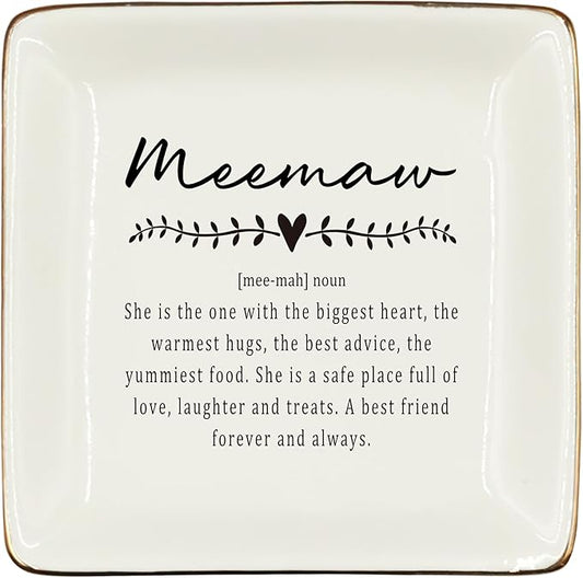 WODMIS Meemaw Gifts Ceramic Jewelry Tray Dish, Grandma Birthday Gift Jewelry Plate Dish, Meemaw Ring Trinket Dish, Grandma Granny Christmas Gifts for Women 514