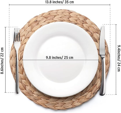 6 Pack, Round Woven Placemats, Natural Water Hyacinth Wicker Place mats, Braided Straw Table Mats, Charger Plates for Dining Table, Fall, Thanksgiving, Christmas (13.8 inch)