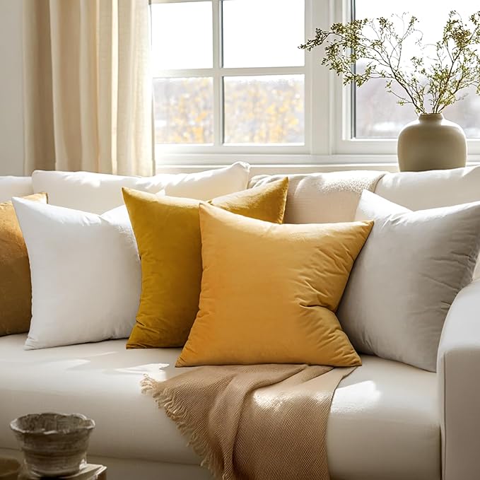 MIULEE Velvet Throw Pillow Covers 16x16 Inch, Pack of 2 - Mustard Yellow, Soft Solid Decorative Pillow Covers Cushion Cases Modern Luxury Home Decor for Spring Couch Sofa Bedroom Livingroom