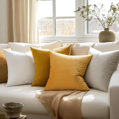 MIULEE 24x24 Inch Euro Sham Velvet Pillow Covers, Set of 2 Large Square Spring Decorative Pillows -Mustard Yellow Super Soft for King Bed, Sofa, Couch, Accent Chairs with Hidden Zipper