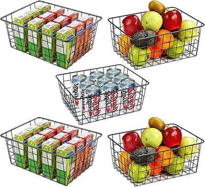 5 Pack Wire Storage Baskets, Premium Pantry Baskets for Storage, Metal Freezer Storage Organizer Baskets Bins with Handles for Kitchen Cabinets, Pantry, Bathroom (Black, Small)