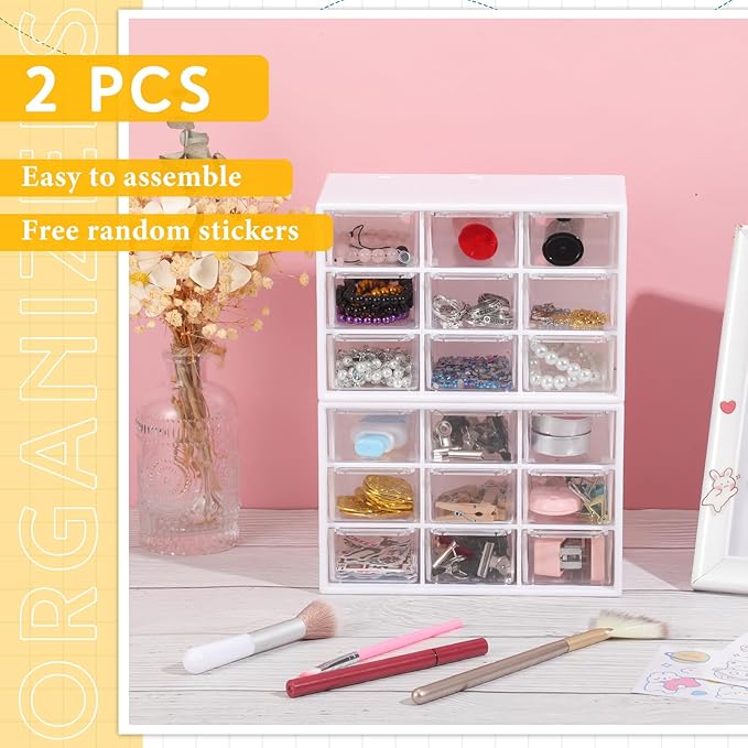 Wenqik 2 Pcs Mini Storage Drawers Teacher Toolbox Organizer with 9 Clear Drawers Small Plastic Desktop Teacher Desk Craft Organizer for Classroom Office 7" x 3. 9" x 4. 7"(White)