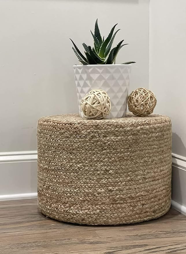 Jute Pouf Ottoman | Footrest Pouf | Hand Braided - Round Boho Pouffe - for Living Room, Bedroom, Nursery (18"x18"x12") Natural