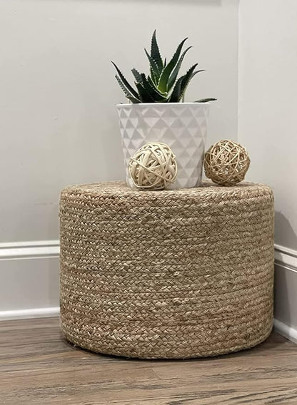 Jute Pouf Ottoman | Footrest Pouf | Hand Braided - Round Boho Pouffe - for Living Room, Bedroom, Nursery (18"x18"x12") Natural