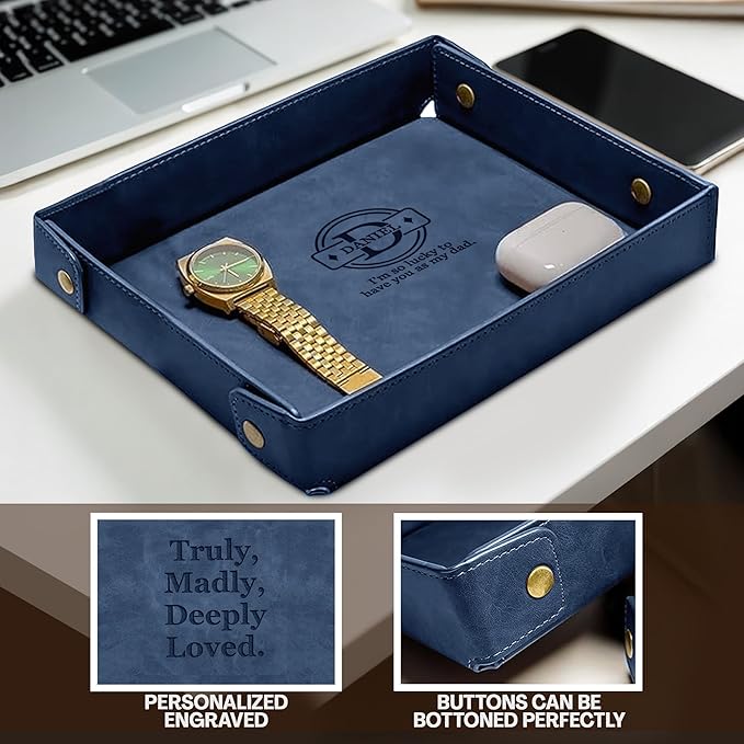 Engraved Father’s Day Leather Valet Tray – Personalized Leather Catch All with Custom Name – Men’s Valet Tray Organizer for Keys, Watches, and Jewelry – Unique Dad Gift from Daughter or Son - Blue