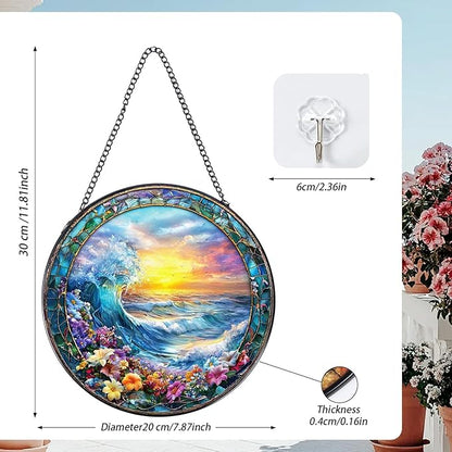 Rngmsi Stained Glass Window Hanging, 7.8″ Clouds and Sea Waves Sun Catchers with Hook Indoor Window Decor, Decorative Suncatchers Hanging Ornaments Home Garden Art Gift for Housewarming
