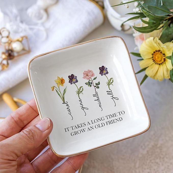 It Takes A Long Time to Grow Old Friends, Personalized Best Friend Jewelry Dish, Custom Names and Birth Month Flowers Ring Dish, Bestie Gifts Long Distance Friendship Gifts