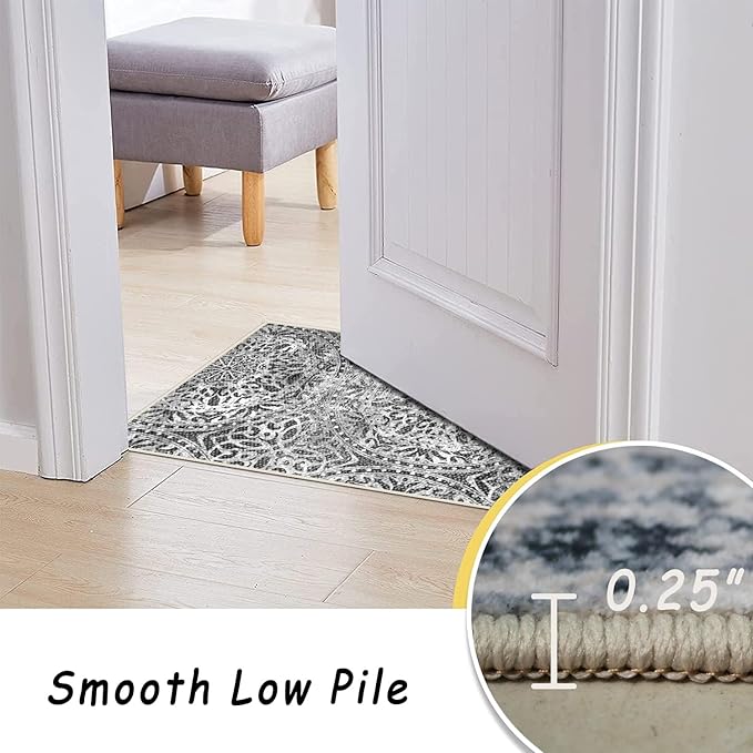 vivorug 4x6 Rug, Small Area Rug for Living Room, Bedroom, Kitchen, Machine Washable Non-Slip Throw Rug, Vintage Medallion Carpet for Entryway Nursery Coffee Table - Durable (Grey)