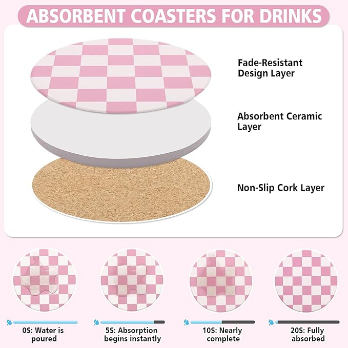 2 Pack Ceramic Absorbent Coasters for Drinks, Heat Resistant Drink Coasters for Desk, Pink Coaster Set for Coffee Table, Non-Slip Cup Coaster with Cork Backing, Posavasos for Kitchen Home Decor Gifts