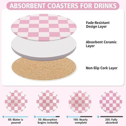 2 Pack Ceramic Absorbent Coasters for Drinks, Heat Resistant Drink Coasters for Desk, Pink Coaster Set for Coffee Table, Non-Slip Cup Coaster with Cork Backing, Posavasos for Kitchen Home Decor Gifts