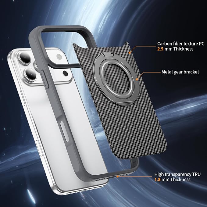Mag-Stand Carbon Fiber Case for iPhone 17 Pro, 360° Rotate Magnetic Stand, Compatible with MagSafe, 15FT Military Protection, Slim Shockproof Magnetic Kickstand Mag Phone Case for Men Women