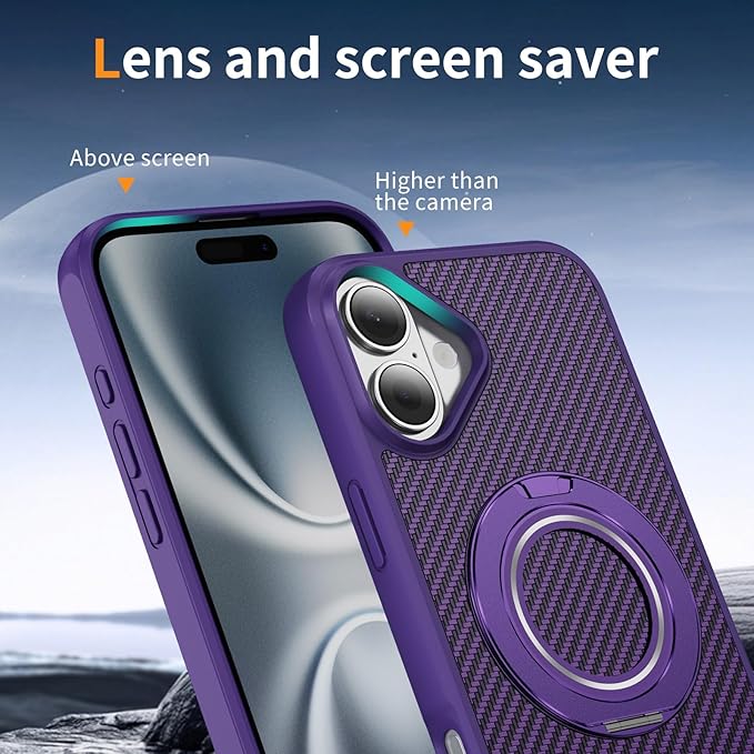 Mag-Stand Carbon Fiber Case for iPhone 17, 360° Rotate Magnetic Stand, Compatible with MagSafe, 15FT Military Protection, Slim Shockproof Magnetic Kickstand Mag Phone Case for Men Women Purple