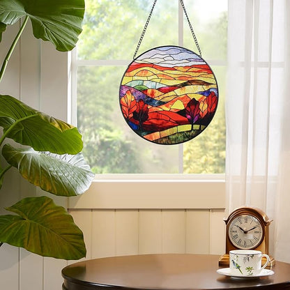 Mountains Rivers Stained Glass Window Hanging, 7.8" Round Sun Catcher Hand Painted Wall Art Decor with Chain, Unique Housewarming Gifts for Couples, Home