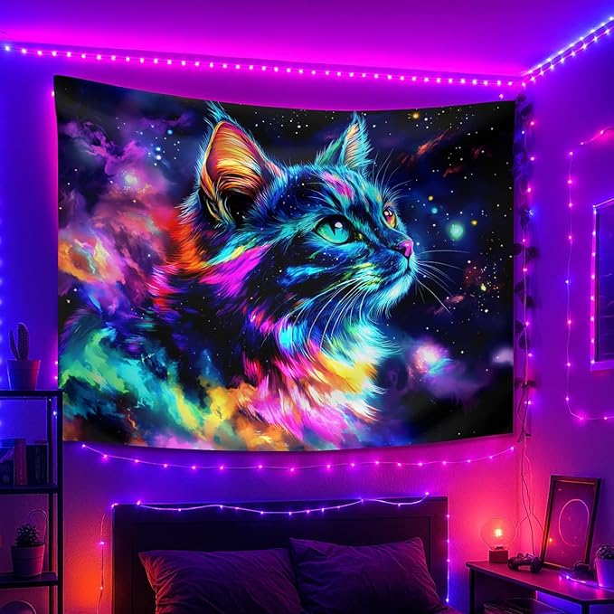 seewan Black Light Cat Tapestry, Space Galaxy Cat Tapestry, Glow-in-the-Dark UV-Reactive Black Light Standing Tapestry, Psychedelic Starry Night Wall Hanging, Bedroom Dorm Living Room Background Decor