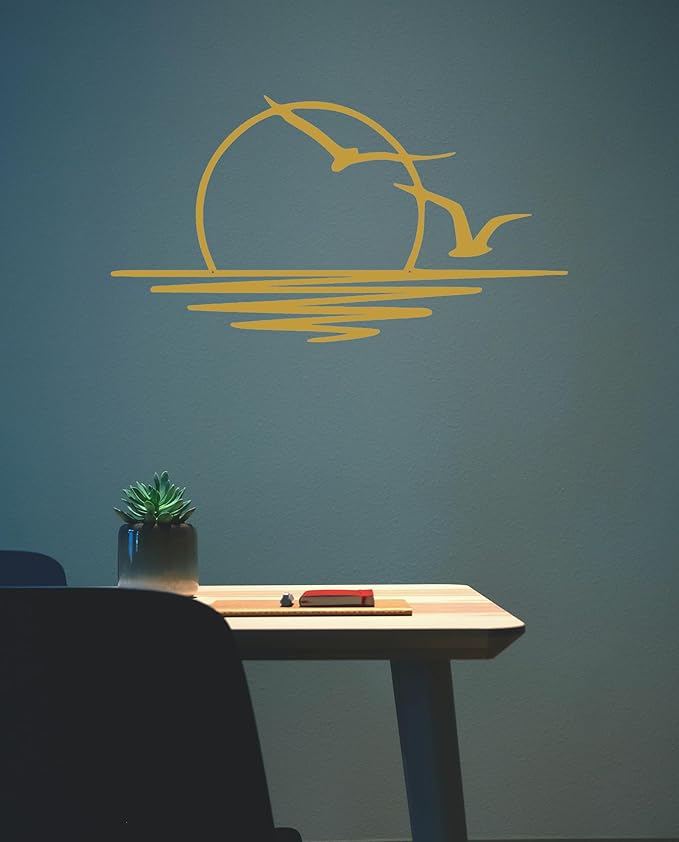 Sun Metal Wall Art Abstract Sunset with Seagulls Metal Wall Decor Minimalist Sunrise Line Art for Living Room Kitchen Bathroom Indoor Outdoor (Gold)