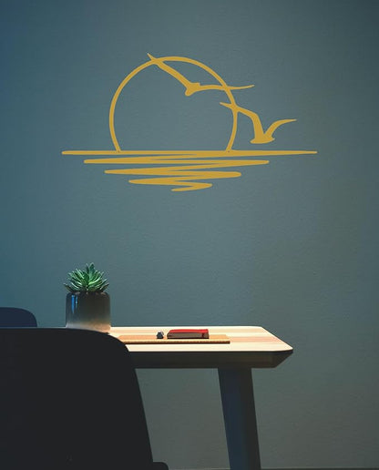 Sun Metal Wall Art Abstract Sunset with Seagulls Metal Wall Decor Minimalist Sunrise Line Art for Living Room Kitchen Bathroom Indoor Outdoor (Gold)